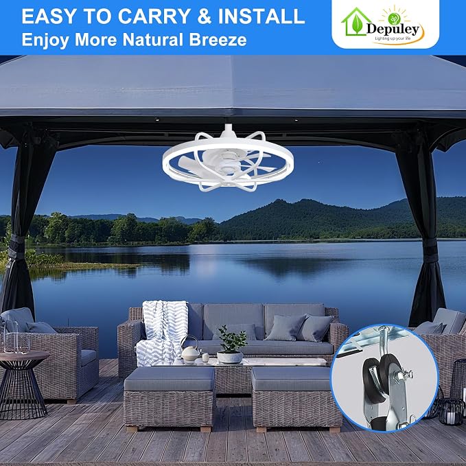 20" Outdoor Ceiling Fan with Lights, White Waterproof Gazebo Hanging Fan with Remote App Control, Dimmable Plug in Caged