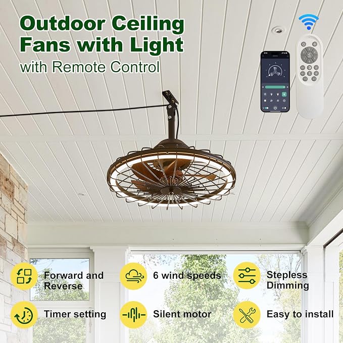 20" Outdoor Ceiling Fans with Light for Patios, IP65 Waterproof Plug in Ceiling Fan, Gazebo Hanging Fan with Remote Control
