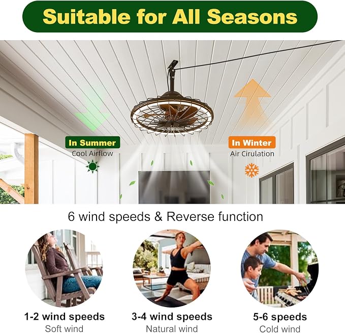 20" Outdoor Ceiling Fans with Light for Patios, IP65 Waterproof Plug in Ceiling Fan, Gazebo Hanging Fan with Remote Control