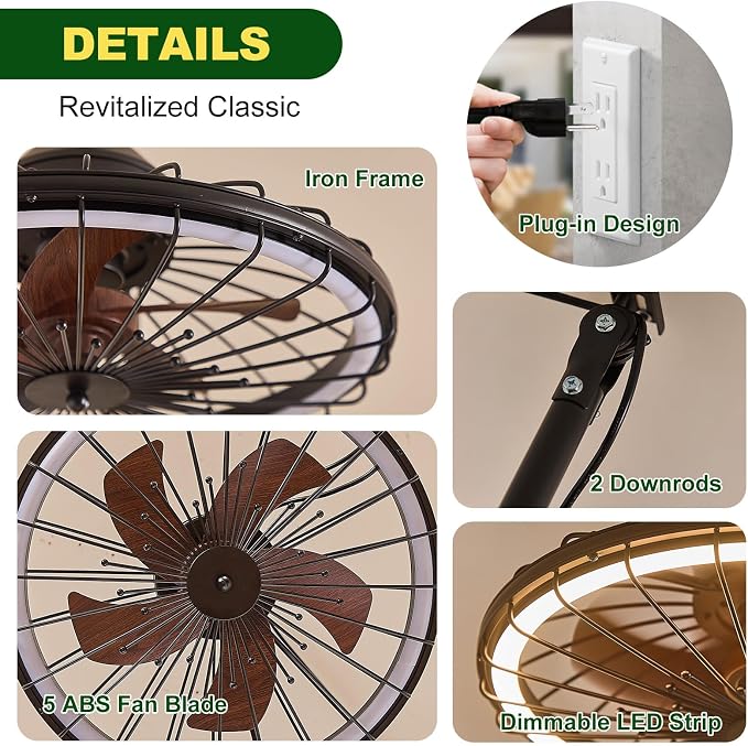 20" Outdoor Ceiling Fans with Light for Patios, IP65 Waterproof Plug in Ceiling Fan, Gazebo Hanging Fan with Remote Control