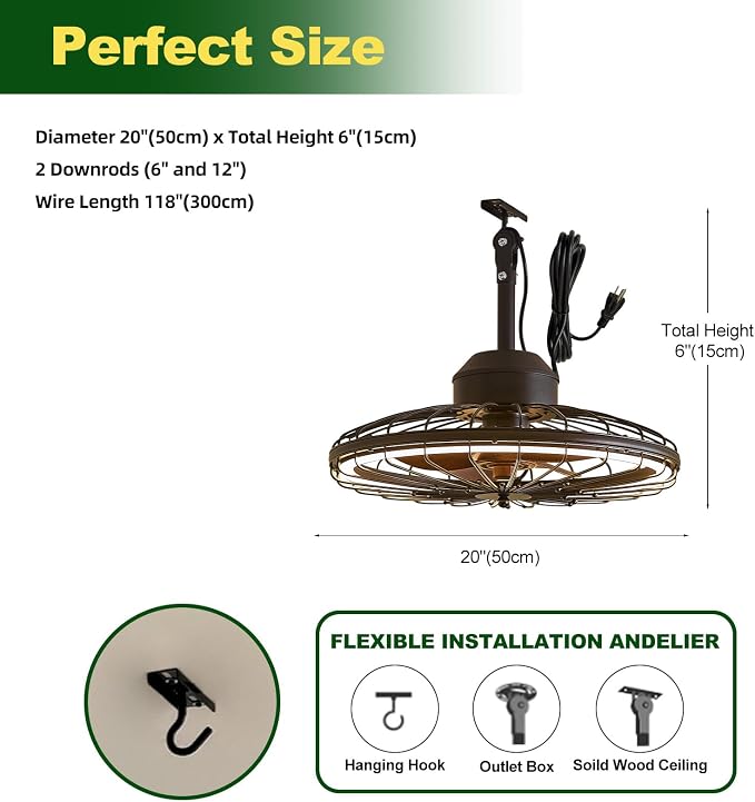 20" Outdoor Ceiling Fans with Light for Patios, IP65 Waterproof Plug in Ceiling Fan, Gazebo Hanging Fan with Remote Control