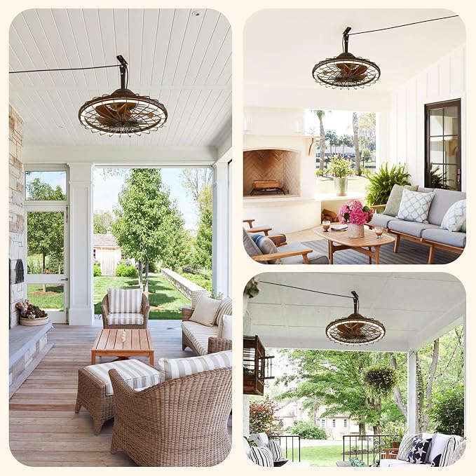 20" Outdoor Ceiling Fans with Light for Patios, IP65 Waterproof Plug in Ceiling Fan, Gazebo Hanging Fan with Remote Control