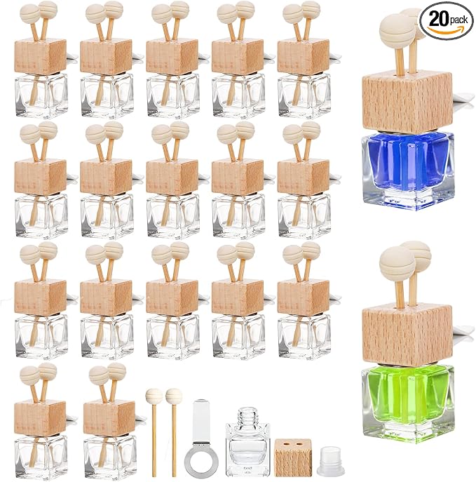 20 Pack Car Diffuser Bottles Empty, Essential Oil Diffuser Bottle with Vent Clip, Clear Glass Perfume Bottle, product image