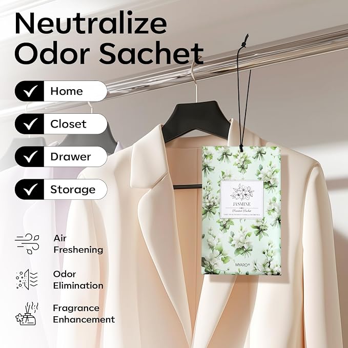 20 Pack Jasmine Scented Sachets - Fresh Drawer & Closet Air Freshener Bags, Odor Eliminator for Bathroom, Lingerie Drawers