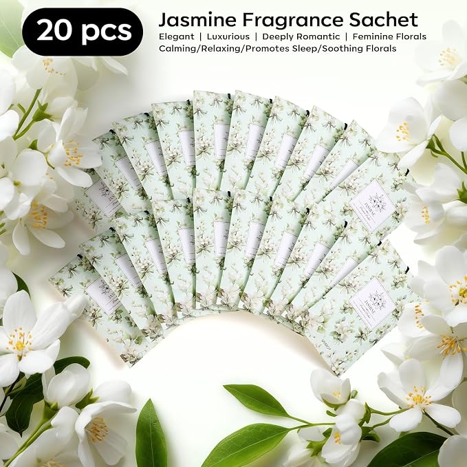 20 Pack Jasmine Scented Sachets - Fresh Drawer & Closet Air Freshener Bags, Odor Eliminator for Bathroom, Lingerie Drawers