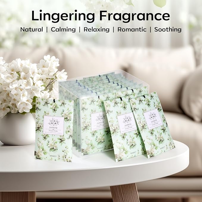 20 Pack Jasmine Scented Sachets - Fresh Drawer & Closet Air Freshener Bags, Odor Eliminator for Bathroom, Lingerie Drawers