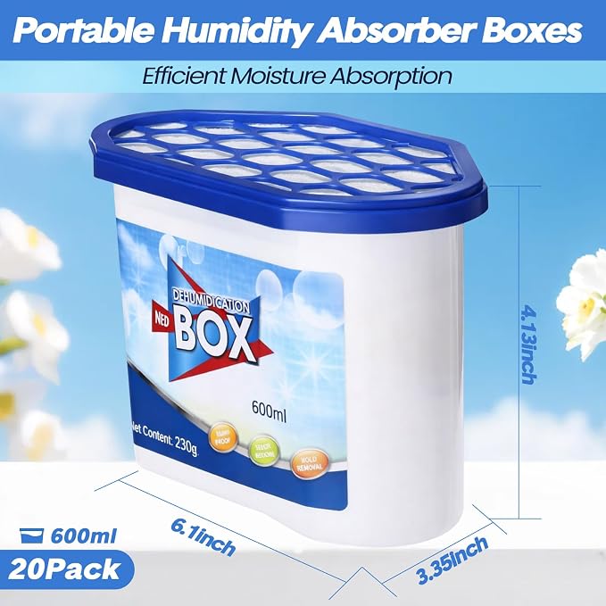 20 Pack Moisture Absorbers 20 oz 600 ml Humidity Absorber Boxes Portable Compact Dehumidifier for Closet Bathroom Car Boats
