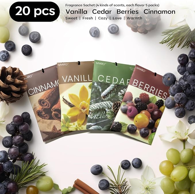 20 Packs Cedar Cinnamon Vanilla Berries Potpourri Bag Scent Sachet for Closet Drawer Room Car Home Air Freshener Shoe Odor