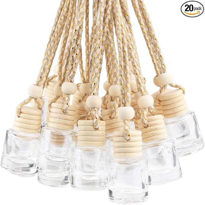 20 Pcs 8ml Hanging Car Air Freshener Diffuser,Empty Clear Glass Essential Diffuser Oil Aromatherapy Fragrance Perfume Pendant