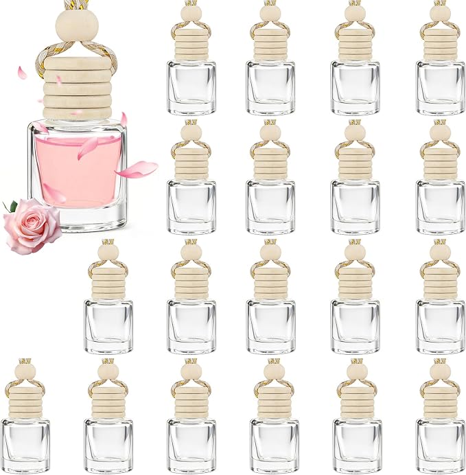 20 Pcs car Diffuser Bottle Set with Wooden Caps,Dropper and Funnel, Empty Glass car air freshener Bottle Bulk Hanging