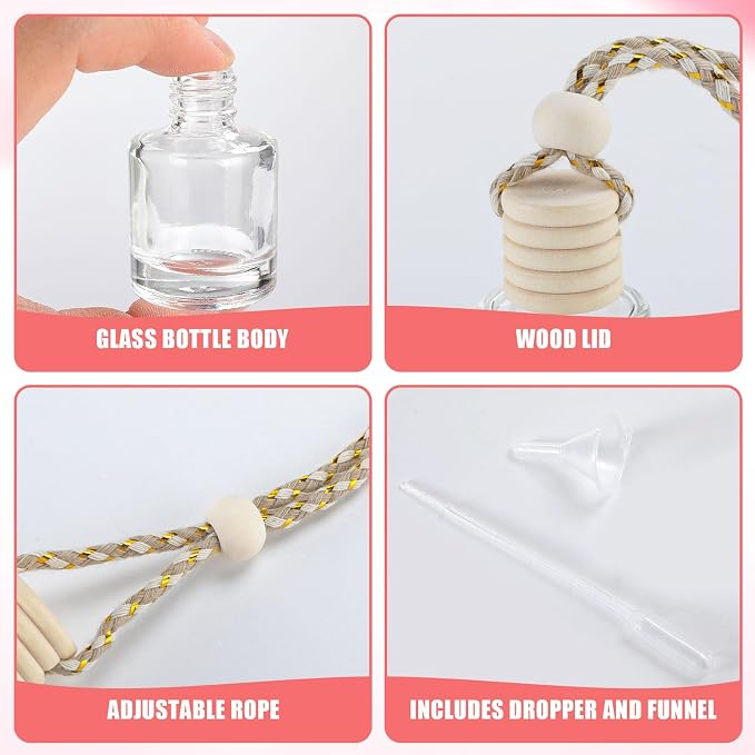 20 Pcs car Diffuser Bottle Set with Wooden Caps,Dropper and Funnel, Empty Glass car air freshener Bottle Bulk Hanging