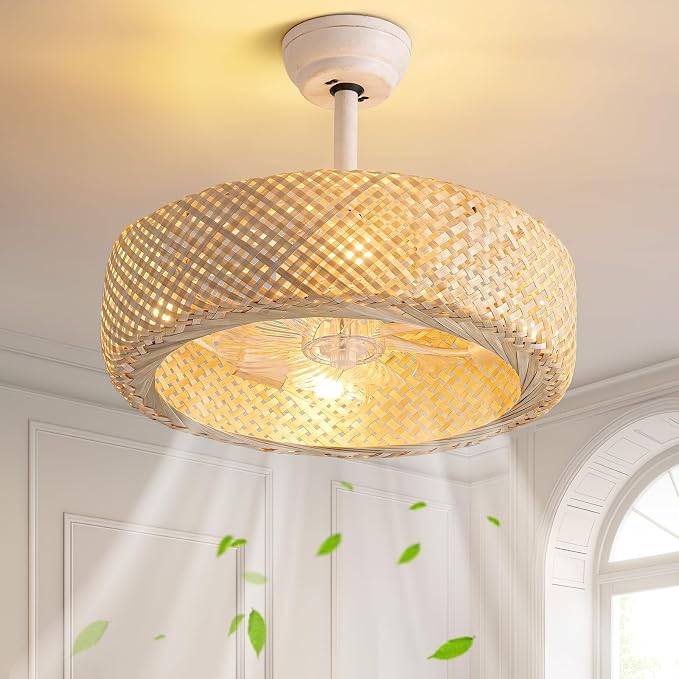 20" Rattan Boho Caged Ceiling Fan with Lights Remote Control, Rattan Enclosed Fandelier Ceiling Fans with Lights Low Profile