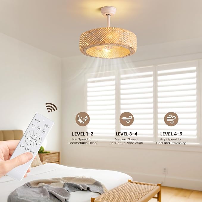 20" Rattan Boho Caged Ceiling Fan with Lights Remote Control, Rattan Enclosed Fandelier Ceiling Fans with Lights Low Profile