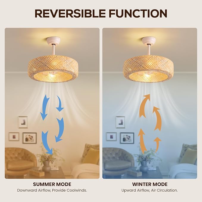 20" Rattan Boho Caged Ceiling Fan with Lights Remote Control, Rattan Enclosed Fandelier Ceiling Fans with Lights Low Profile