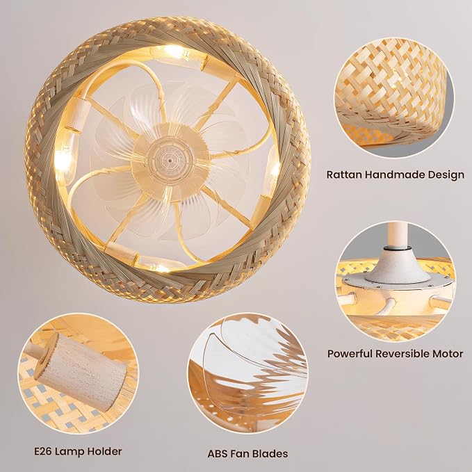 20" Rattan Boho Caged Ceiling Fan with Lights Remote Control, Rattan Enclosed Fandelier Ceiling Fans with Lights Low Profile