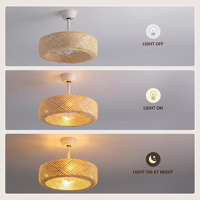 20" Rattan Boho Caged Ceiling Fan with Lights Remote Control, Rattan Enclosed Fandelier Ceiling Fans with Lights Low Profile
