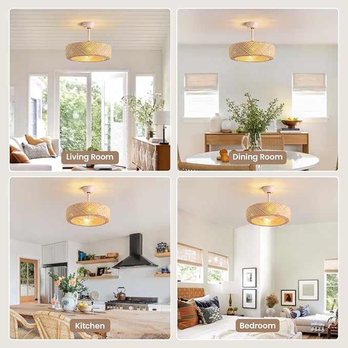 20" Rattan Boho Caged Ceiling Fan with Lights Remote Control, Rattan Enclosed Fandelier Ceiling Fans with Lights Low Profile