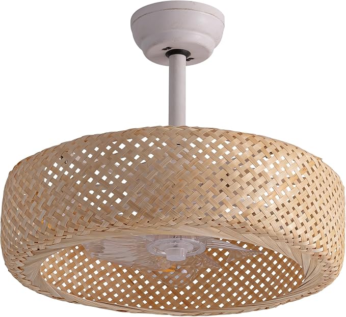 20" Rattan Boho Caged Ceiling Fan with Lights Remote Control, Rattan Enclosed Fandelier Ceiling Fans with Lights Low Profile