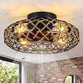 20''Rustic Hemp Rope Caged Ceiling Fans with Lights and Remote Hand-Woven Rattan Flush Mount Ceiling Fan with Light Farmhouse