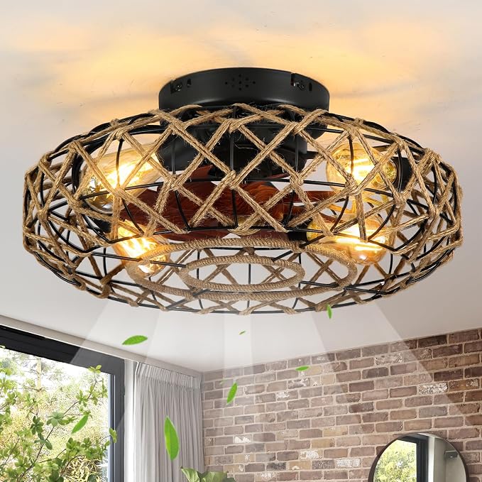20''Rustic Hemp Rope Caged Ceiling Fans with Lights and Remote Hand-Woven Rattan Flush Mount Ceiling Fan with Light Farmhouse