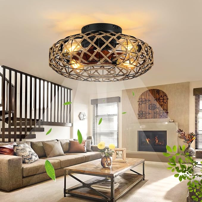 20''Rustic Hemp Rope Caged Ceiling Fans with Lights and Remote Hand-Woven Rattan Flush Mount Ceiling Fan with Light Farmhouse