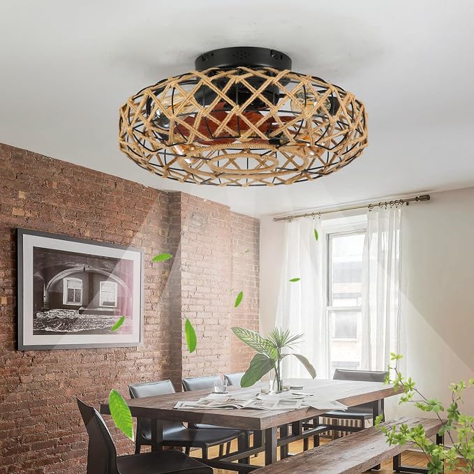 20''Rustic Hemp Rope Caged Ceiling Fans with Lights and Remote Hand-Woven Rattan Flush Mount Ceiling Fan with Light Farmhouse