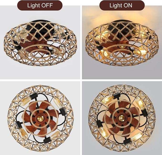 20''Rustic Hemp Rope Caged Ceiling Fans with Lights and Remote Hand-Woven Rattan Flush Mount Ceiling Fan with Light Farmhouse