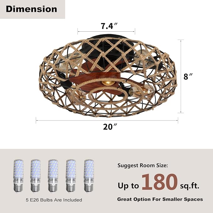 20''Rustic Hemp Rope Caged Ceiling Fans with Lights and Remote Hand-Woven Rattan Flush Mount Ceiling Fan with Light Farmhouse