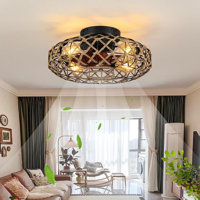 20''Rustic Hemp Rope Caged Ceiling Fans with Lights and Remote Hand-Woven Rattan Flush Mount Ceiling Fan with Light Farmhouse