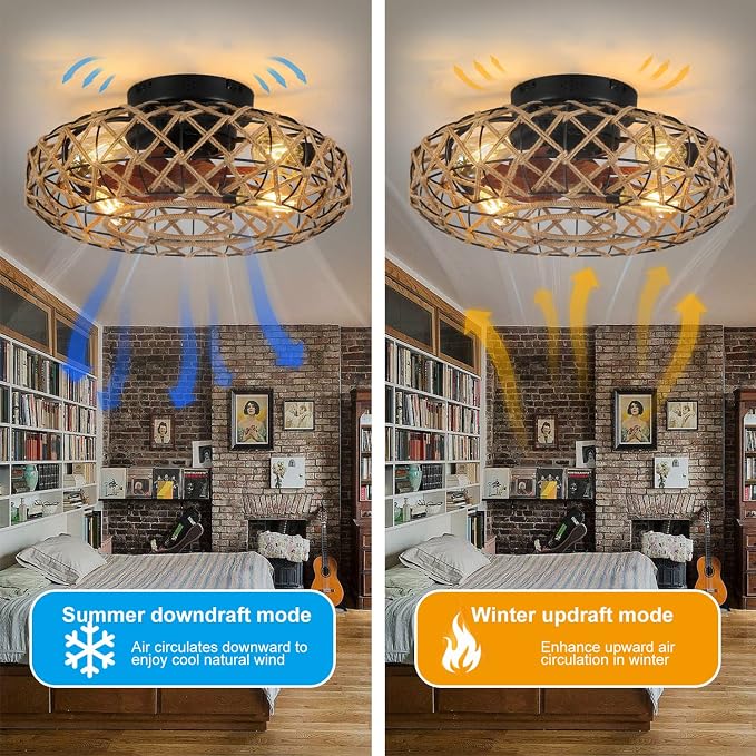 20''Rustic Hemp Rope Caged Ceiling Fans with Lights and Remote Hand-Woven Rattan Flush Mount Ceiling Fan with Light Farmhouse