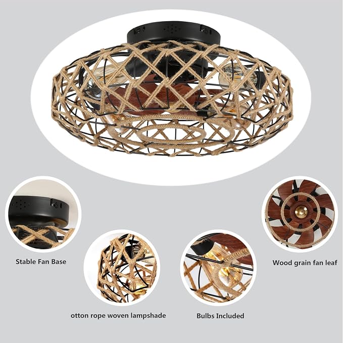 20''Rustic Hemp Rope Caged Ceiling Fans with Lights and Remote Hand-Woven Rattan Flush Mount Ceiling Fan with Light Farmhouse