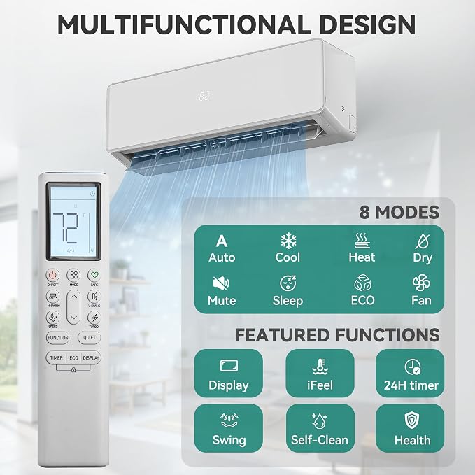 20 SEER2 11500 BTU Mini Split Air Conditioner Heat Pump, 220-240V Inverter AC Cool & Heat Up to 680 Sq., alternate product