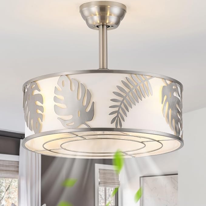 20" Silver Caged Ceiling Fans with Lights, Silver Fandelier Ceiling Fan with Light Remote Control, Bladeless Caged with 6