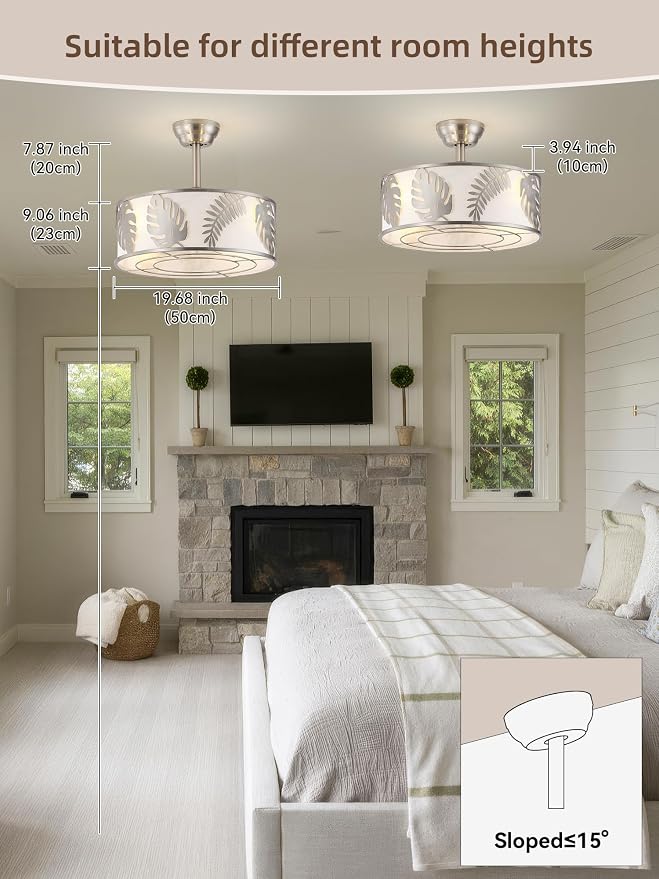 20" Silver Caged Ceiling Fans with Lights, Silver Fandelier Ceiling Fan with Light Remote Control, Bladeless Caged with 6