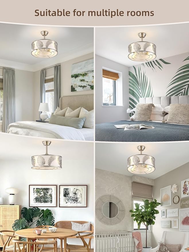20" Silver Caged Ceiling Fans with Lights, Silver Fandelier Ceiling Fan with Light Remote Control, Bladeless Caged with 6