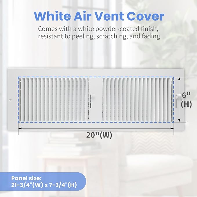 20 x 6 Inch [Duct Opening] Air Vent Covers for Wall or Ceiling - High Airflow 2 Way Steel Ventilation, alternate view 2