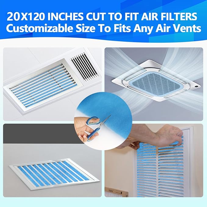 20" x120" Air Vent Filters, Cut to Fit Air Filter (80+ Filters), MERV 8 Triple Vent Filter for Home Floor, Ceiling, RV, HVAC