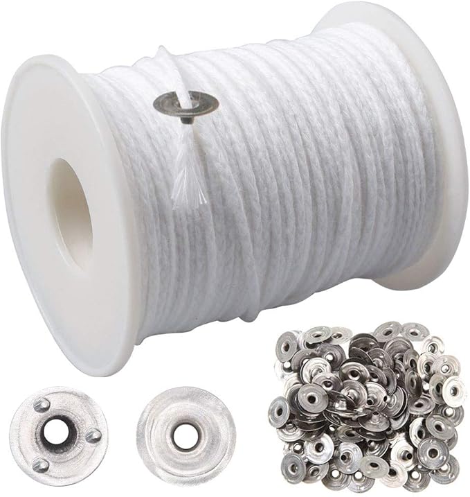 200 Feet Candle Wicks Roll, 24 PLYBraided Candle Wicks Natural Cotton Candle Wick Core Spool and 100 Pcs Metal Candle Wick