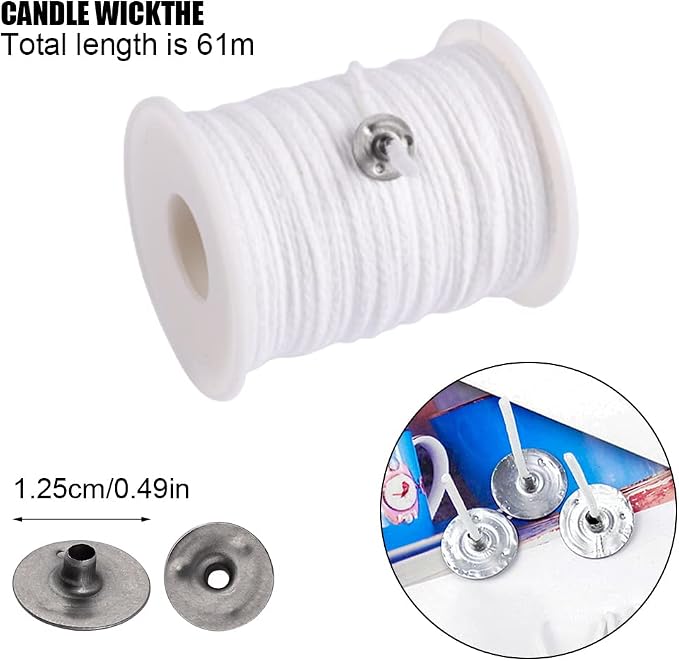 200 Feet Candle Wicks Roll, 24 PLYBraided Candle Wicks Natural Cotton Candle Wick Core Spool and 100 Pcs Metal Candle Wick
