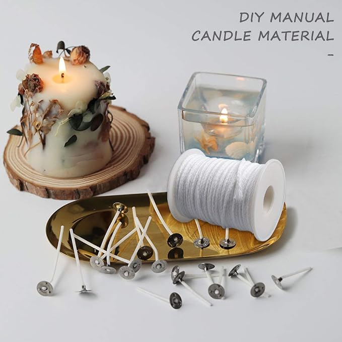 200 Feet Candle Wicks Roll, 24 PLYBraided Candle Wicks Natural Cotton Candle Wick Core Spool and 100 Pcs Metal Candle Wick