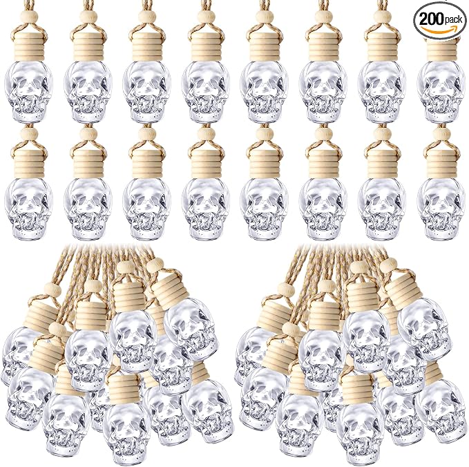200 Pcs Hanging Car Diffuser Bottles Bulk, Empty Clear Glass Air Freshener Bottles with Wooden Cap for Perfume Essential