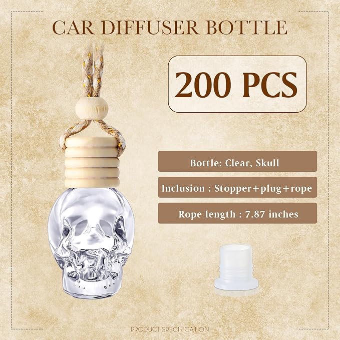 200 Pcs Hanging Car Diffuser Bottles Bulk, Empty Clear Glass Air Freshener Bottles with Wooden Cap for Perfume Essential