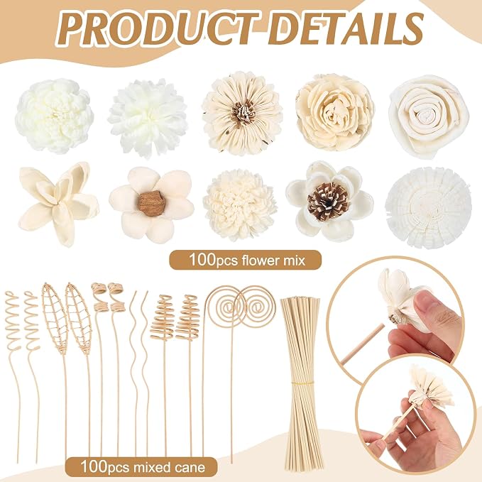 200 Pcs Reed Diffuser Sticks Set Include 10 Style 100 Pcs Natural Rattan Flower Reed 7 Style 100 Pcs Mixed Fragrance
