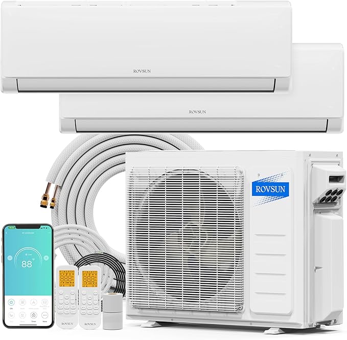 20000 BTU Dual Zone WIFI Mini Split AC/Heating System, 23 SEER2 2 Zone 9000 + 9000 BTU Ductless Split Air Conditioner with