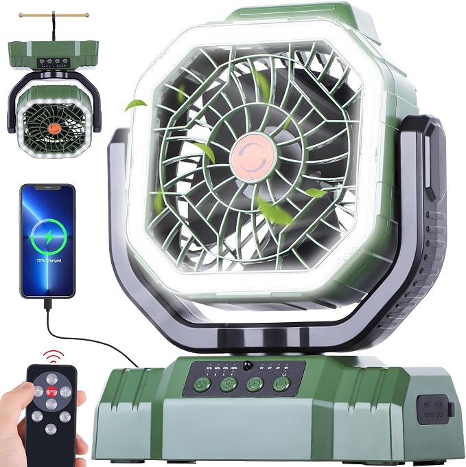 20000mAh High Speed Portable Camping Rechargeable Fan with Remote Control, Battery Powered with Auto Oscillating with Camping