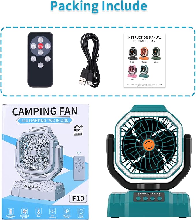 20000mAh High Speed Portable Camping Rechargeable Fan with Remote Control, Battery Powered with Auto Oscillating with Camping