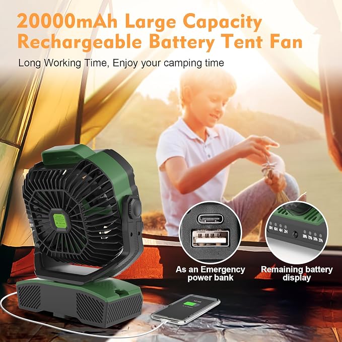 20000mAh Oscillation Camping Fan, Rechargeable Fan with RGB, Remote, Battery Operated Outdoor Tent Fans w/Hanging Hook