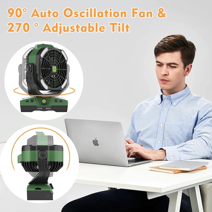 20000mAh Oscillation Camping Fan, Rechargeable Fan with RGB, Remote, Battery Operated Outdoor Tent Fans w/Hanging Hook