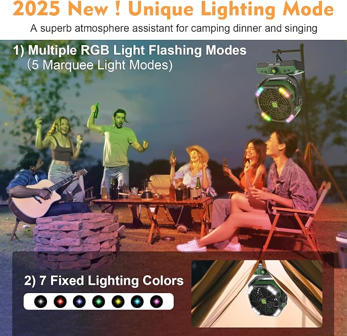 20000mAh Oscillation Camping Fan, Rechargeable Fan with RGB, Remote, Battery Operated Outdoor Tent Fans w/Hanging Hook