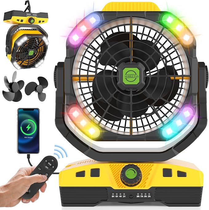 20000mAh Oscillation Camping Fan, Remote Control Rechargeable Battery Operated Outdoor Tent Fan w/Hanging Hook, Portable